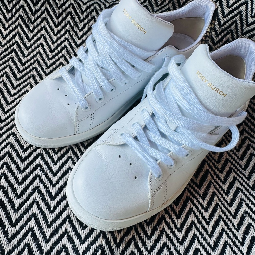 Tory Burch White Leather Lace-Up Sneakers with Gold Logo